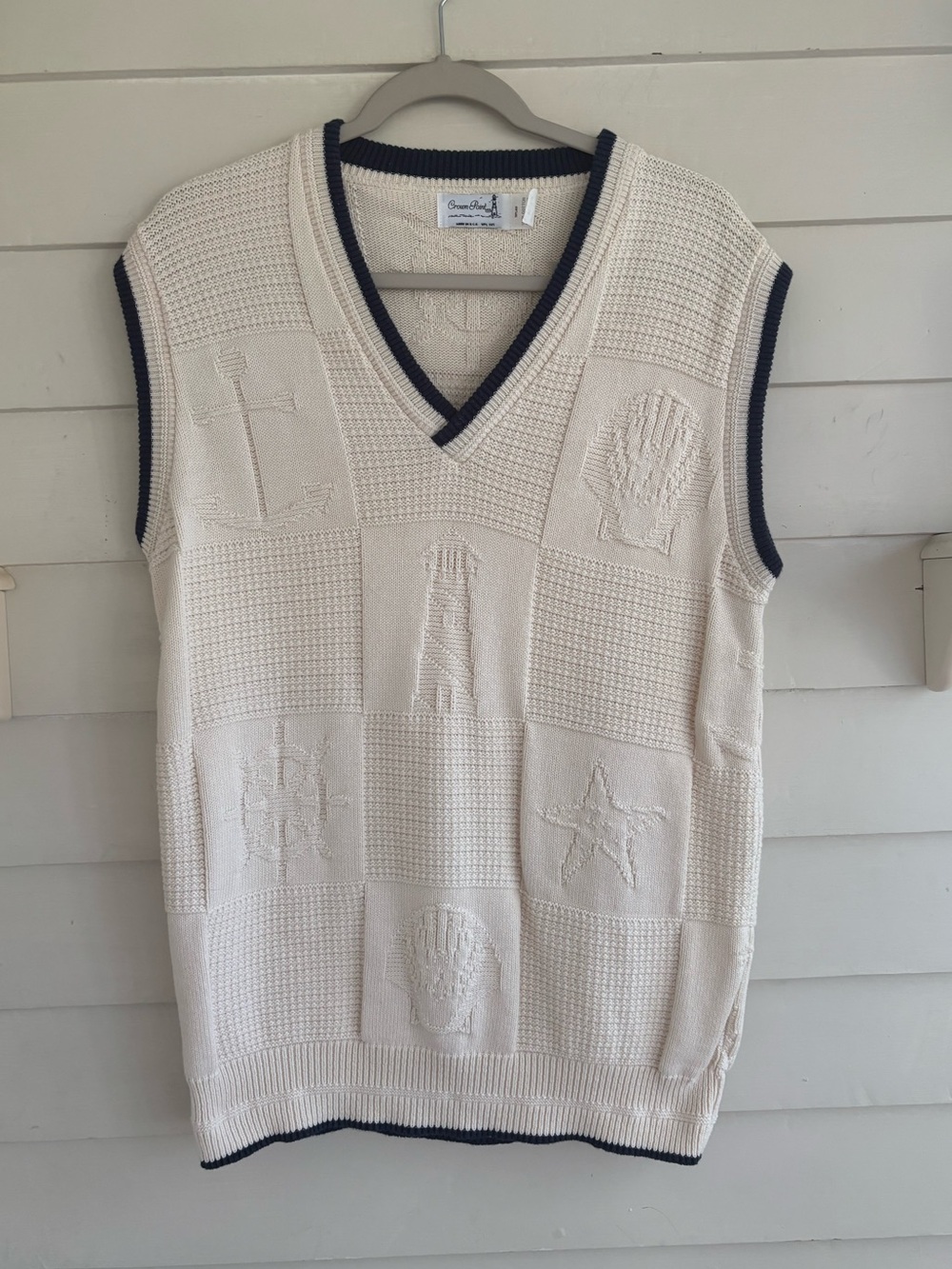 Vintage Crown Point Cotton Cream Knit V-Neck Nautical Patchwork Sweater Vest M